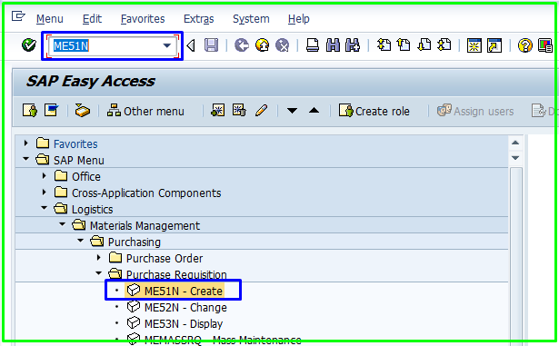 Tcode and Navigation to open create purchase requisition form.
