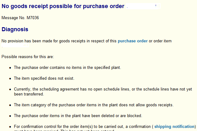 NO GOODS RECEIPT POSSIBLE FOR PURCHASE ORDER