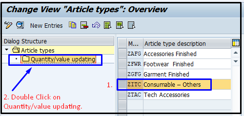Select the Material type and then double click on "Quantity/value updating